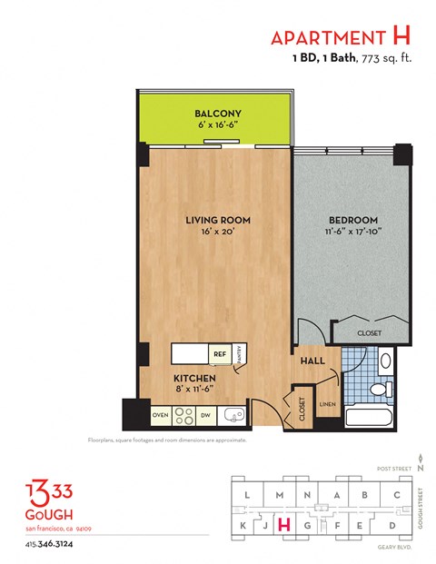 Floor plan for 1 bed, 1 bath, 773 sqft